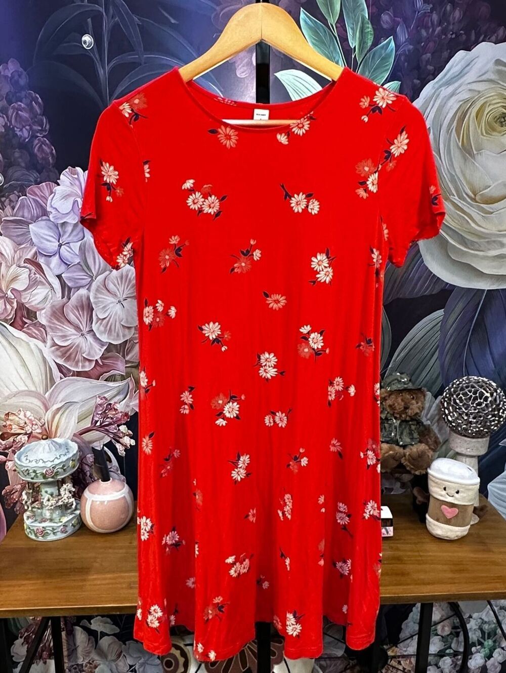 Old Navy S Stretch Swing Dress Floral Print Short Sleeve Casual Feminine Retro